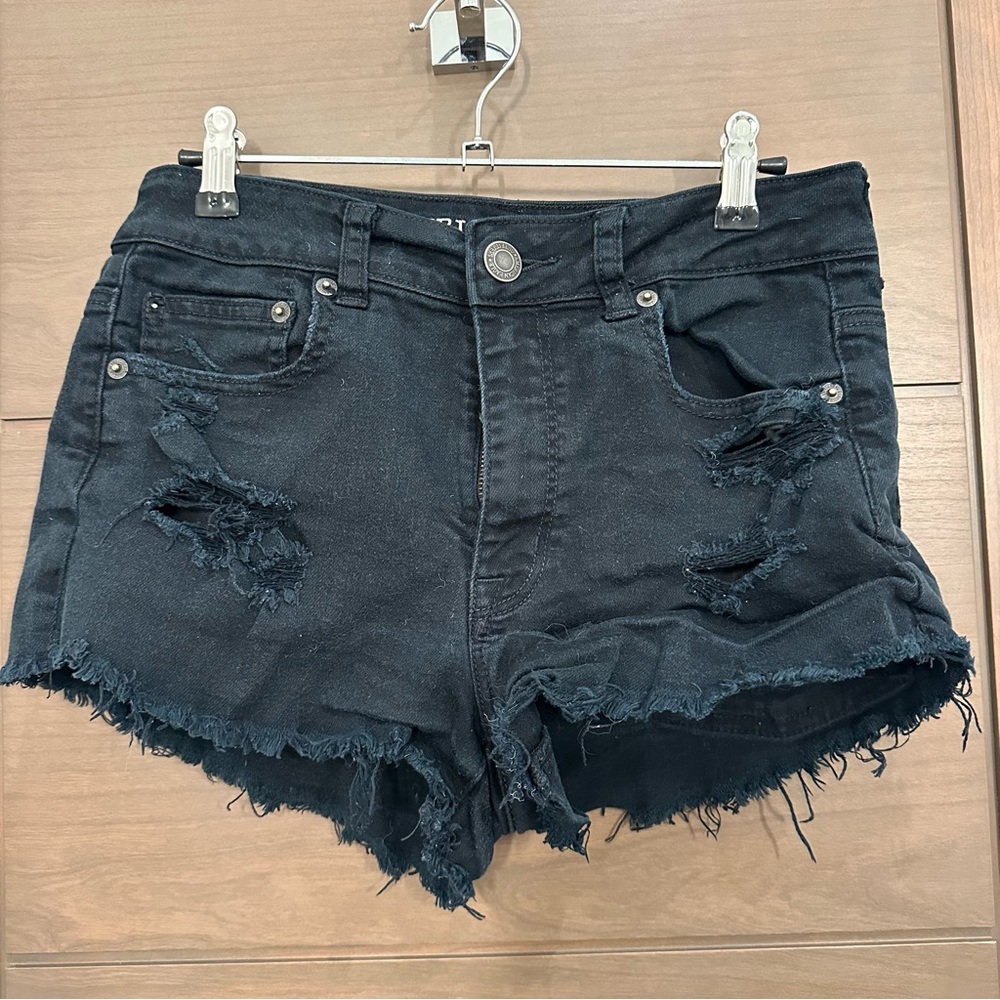 American Eagle Distressed Black Denim Shorts 6